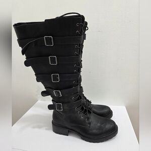 Torrid Black Lace Up buckle Strapy Gotic Steampunk Combat knee High Boot SZ 9.5W